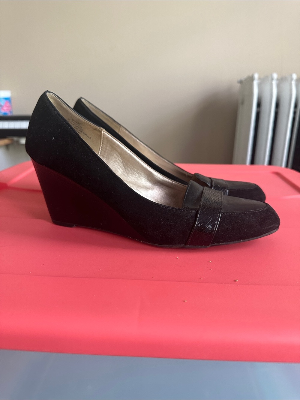 Black Pointed Suede Loafer Wedge Heels